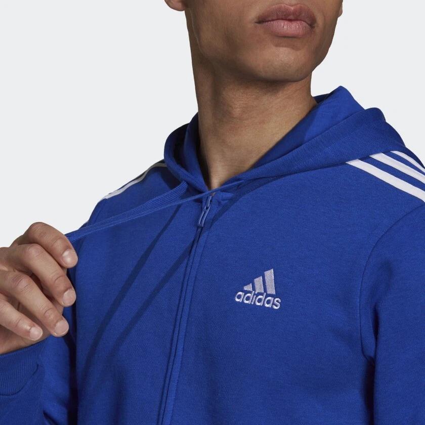 Adidas French Terry 3-Streifen Kapuzenjacke mit durchgehendem Reißverschluss Herren Jacke Blau HE4427
