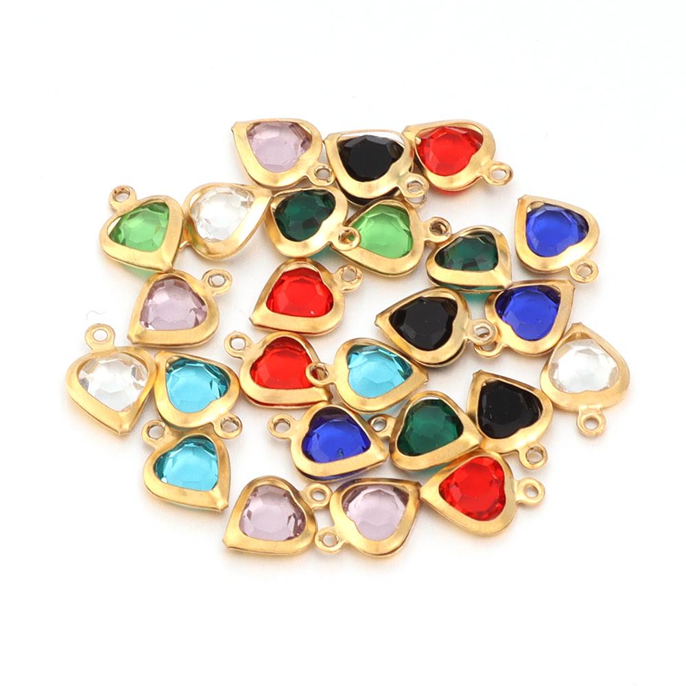 10pcs/lot Color Heart Crystal Charms Stainless Steel Edged Pendants for DIY Necklace Earring Bracelet Jewelry Making Accessories