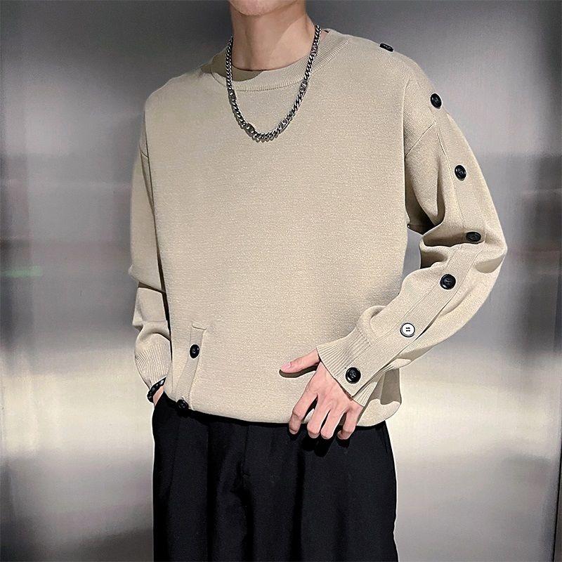 

Solid Color Pullover Round Neck Button Sweater Men s Bottoming Shirt Long Sleeve Autumn and Winter Knitted Sweater Top S хаки
