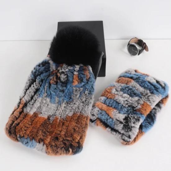 New Fashion Knitted Good Elastic Real Fur Scarf Hat Sets Women Winter Warm Natural Rex Rabbit Fur Scarves Hats Sets