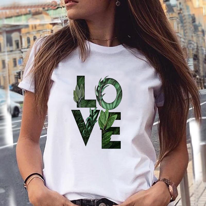 Women T-Shirts 90S Tropical Plants Love Letter Printing New Graphic Print Female Fashion Cartoon Summer T Tops Shirt Tee T-Shirt