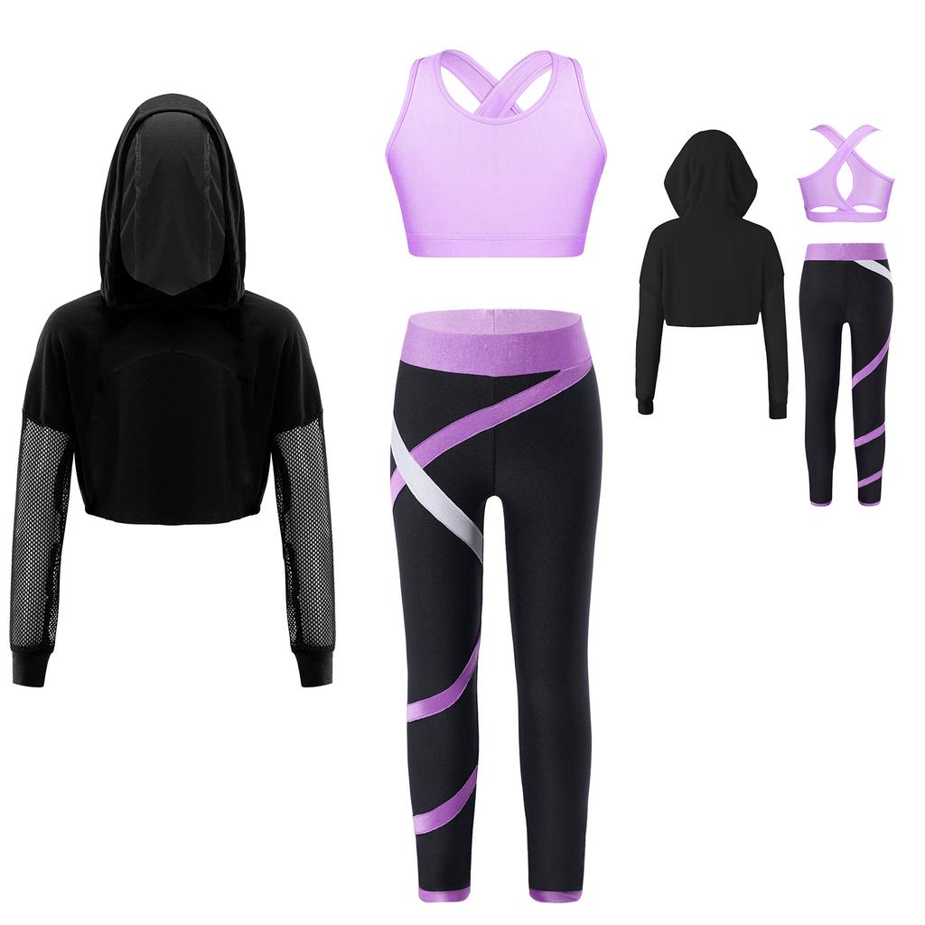 Kinder Mädchen Sport-Set Langarm Kapuzenpullover Sweatshirt Tops mit ärmellosem bauchfreiem Top und Leggings Street Dance Kleidung