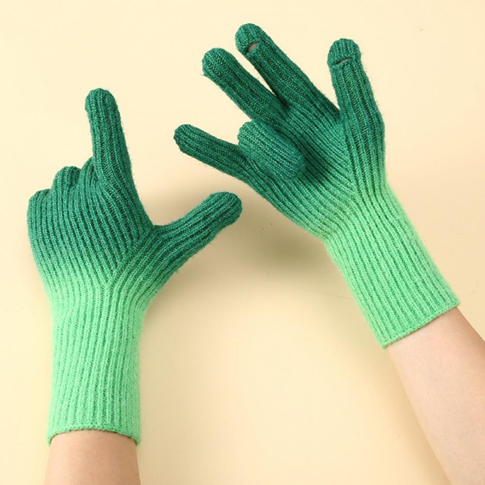 1 Pair Women Fall Winter Gloves Gradient Contrast Color Knitted Five Fingers Stretchy Anti slip Thermal Windproof O