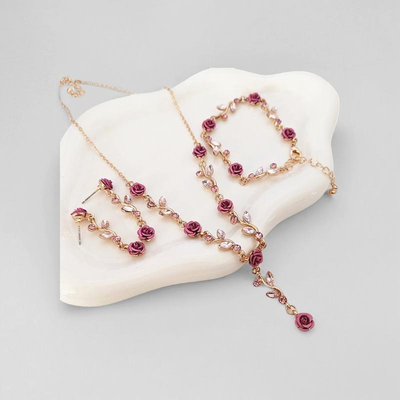 Fashion French Romantic Rose Flower Necklace Bracelet Earring For Women Jewelry Accessries Gifts