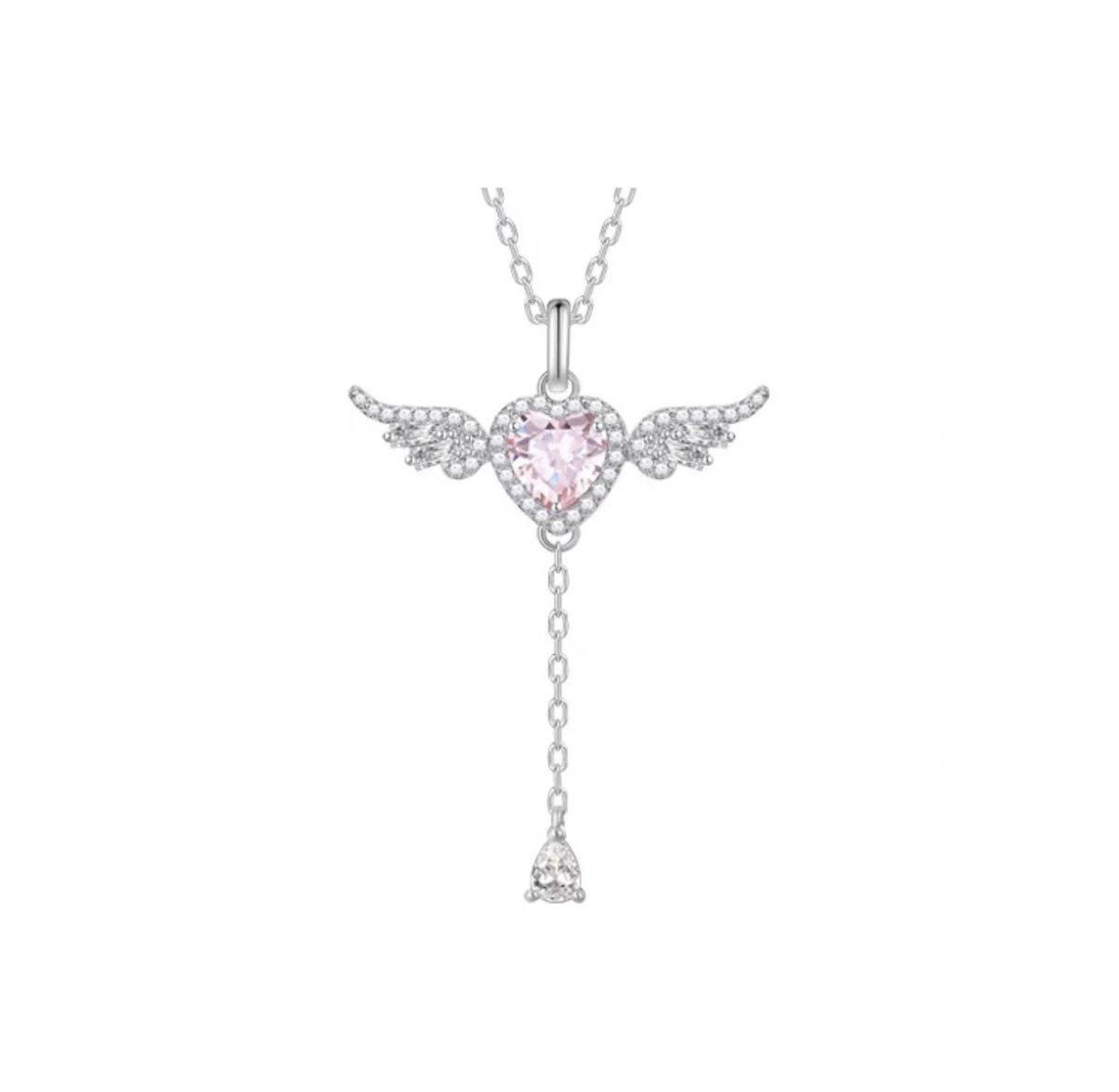 Summer New Heart Tassel Necklace Pink Crystal Pendant Wing Jewelry for Women