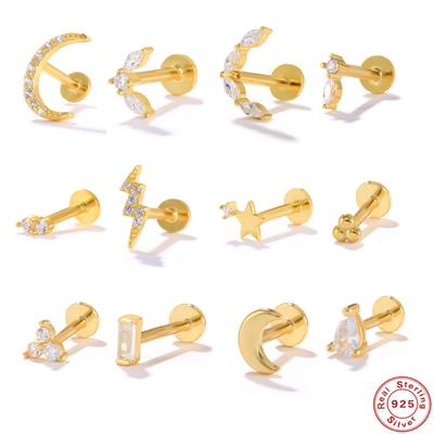 S925 Sterling Silver Lightning Star Moon Diamond Set Flat Head Internal Thread Piercing Cartilage Stud Earrings Earbone Stud Earrings