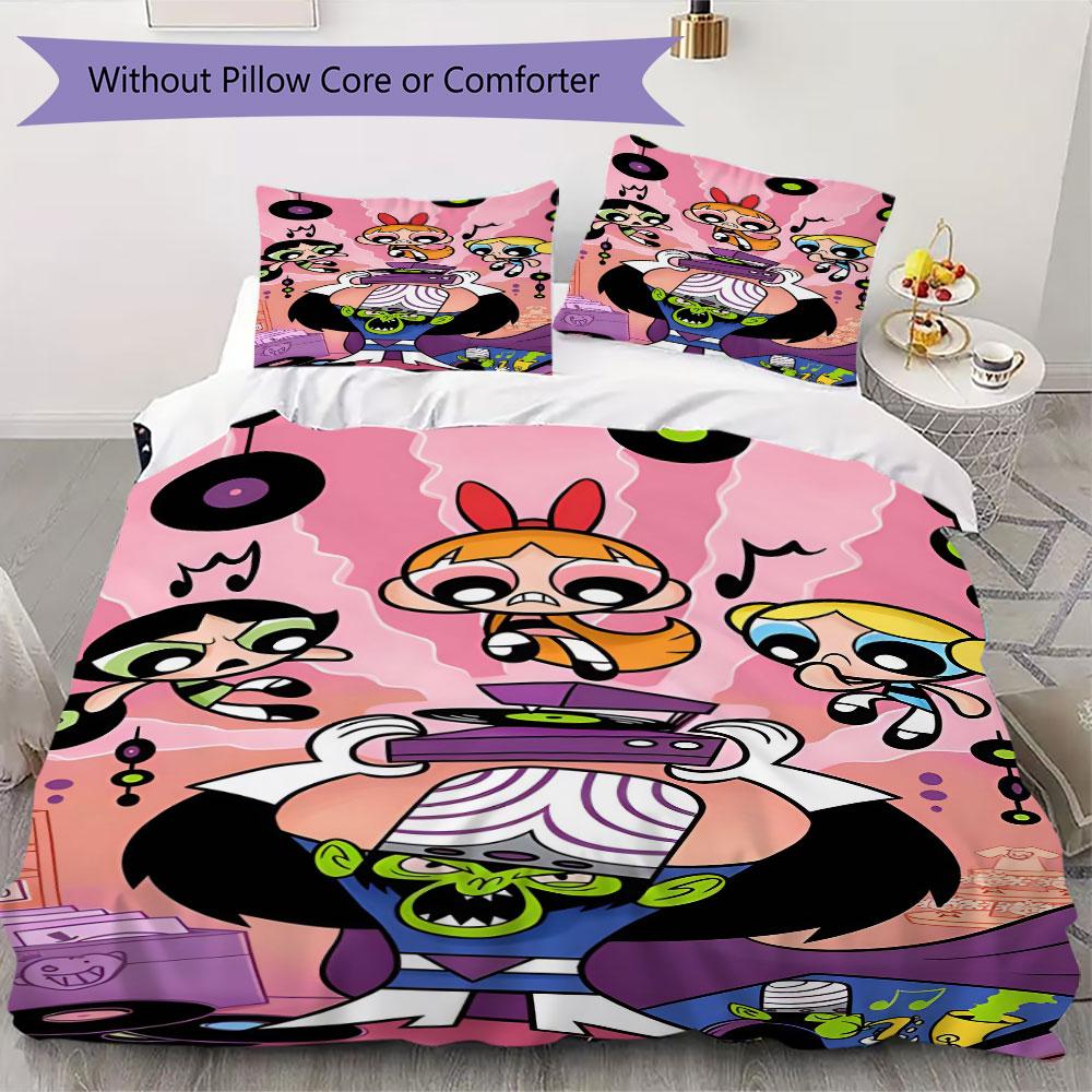 Powerpuff Girls Cartoon Prints beddengoed, dekbedovertrek en kussenslopen, verjaardagscadeau (1 dekbedovertrek + 2 kussenslopen, kussenvulling niet inbegrepen)JM007