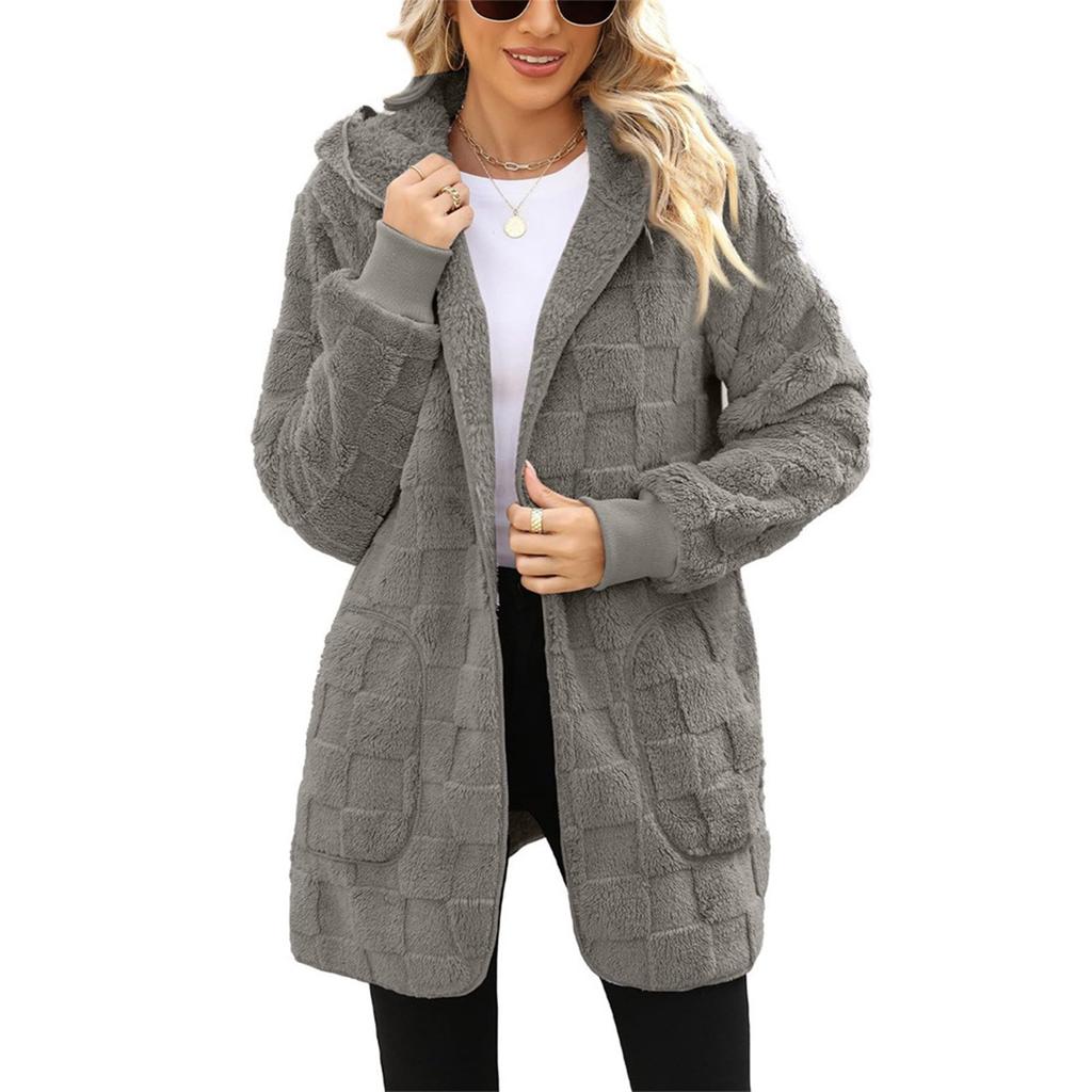 Women's Fashionable Solid Color Long Sleeved Plush Jacket, Casual Hooded Warm Cardigan Jacket With Pockets