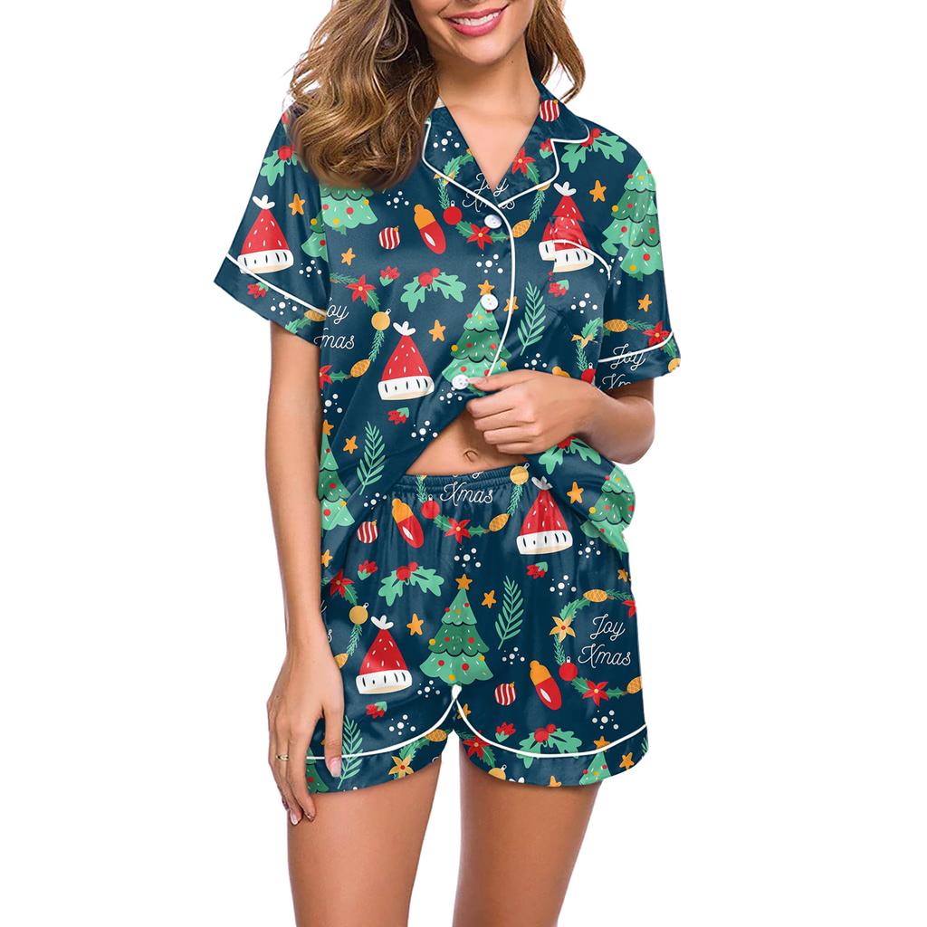Women's Casual Fashion Christmas Print Short-Sleeve Top And Shorts Homewear Set