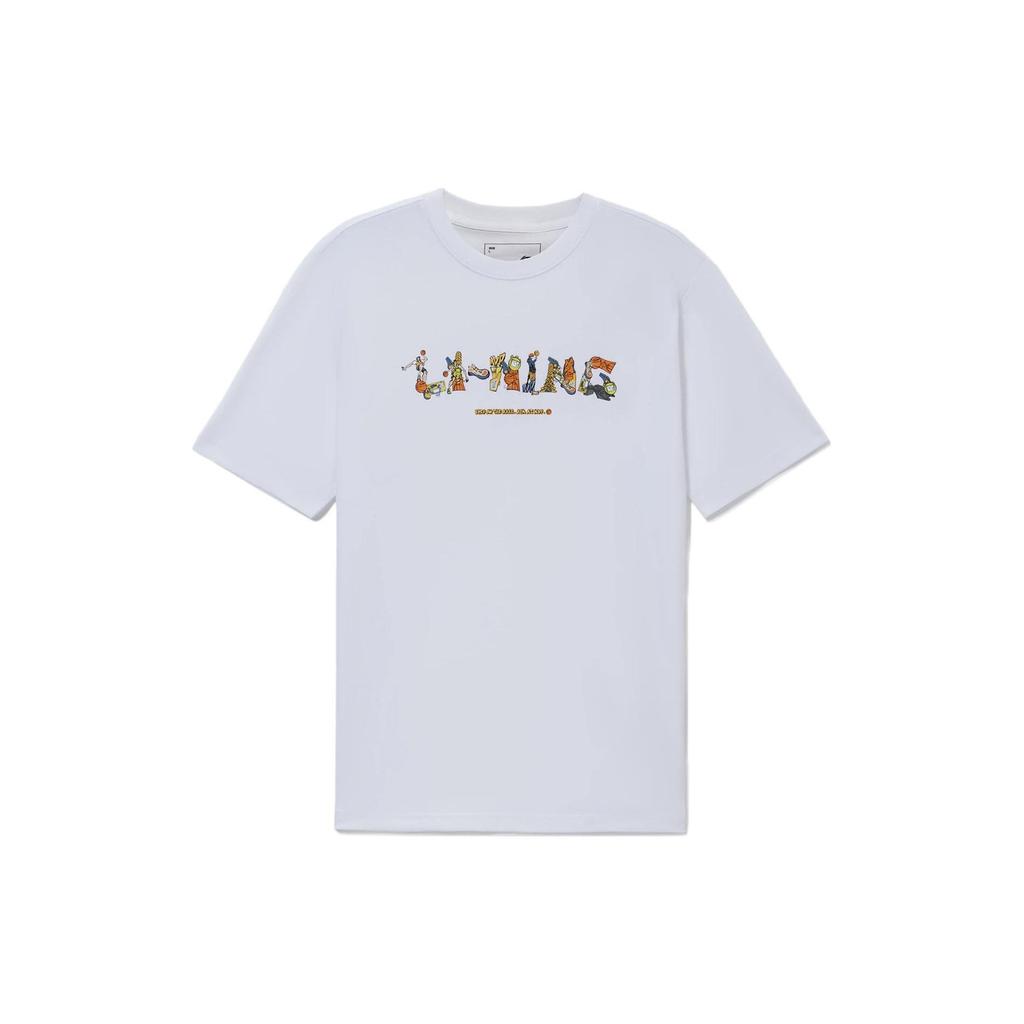 Li-Ning Sports Basketball Series Letter Print Loose Round Neck Short Sleeve T-Shirt Men Tops Standard-White AHSSD65-1