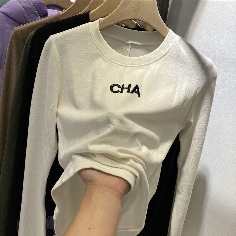 

Женская бархатная футболка с длинным рукавом и вышивкой: Двусторонний, с круглым вырезом, с плюшем, для осени/зимы. L (100-115 lbs)