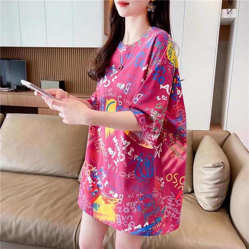 Sommer Vintage Print T-Shirt Mode Damen Übergroß Grafik Langarm T-Shirts Y2k Oberteile Harajuku Hip Hop Streetwear Jugend