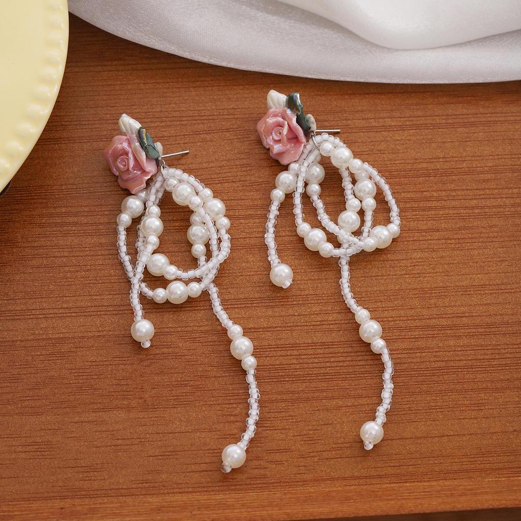 Sweet Silver Needle Pearl Earrings with Pink Rose Tassel