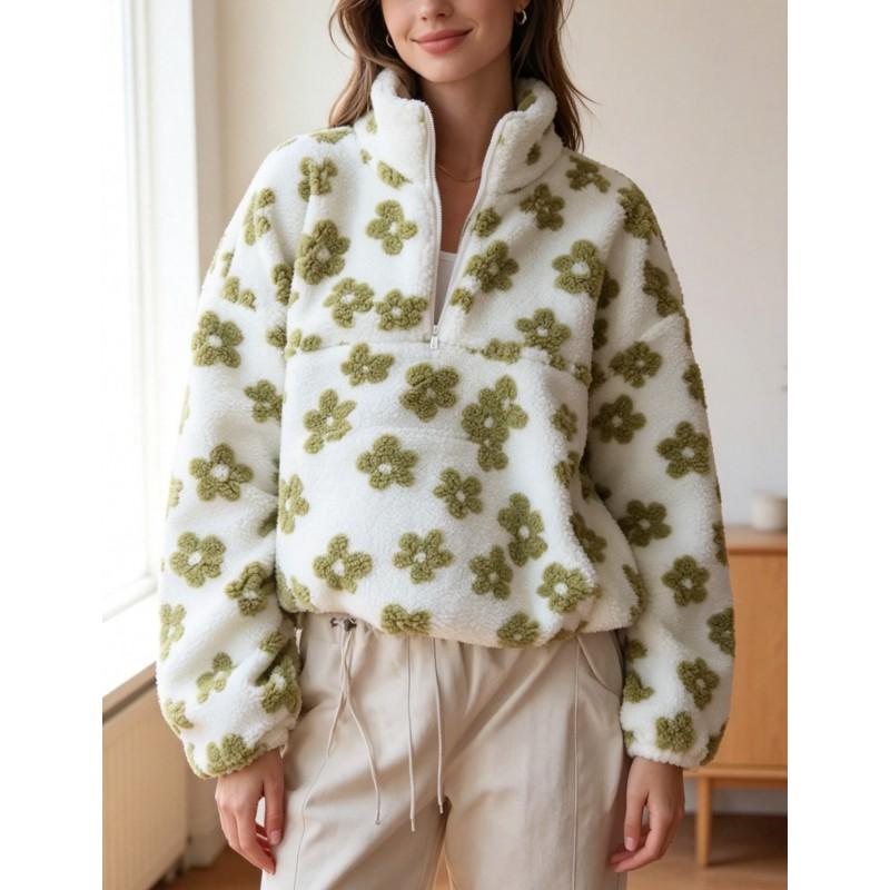 2026 Fleece Floral Kapuzenloses Sweatshirt Damen Dick Warm Langarm Lässig Streetwear Oberteil