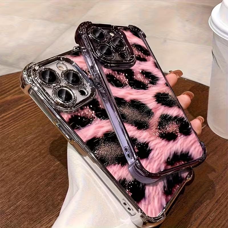 Plating Phone Case For Xiaomi Redmi 15 A3 15C 14C 13C K50 A1 Note 15 14 13 12s Pro Plus 5G Anti Fall Airbag Popular Pink Leopard
