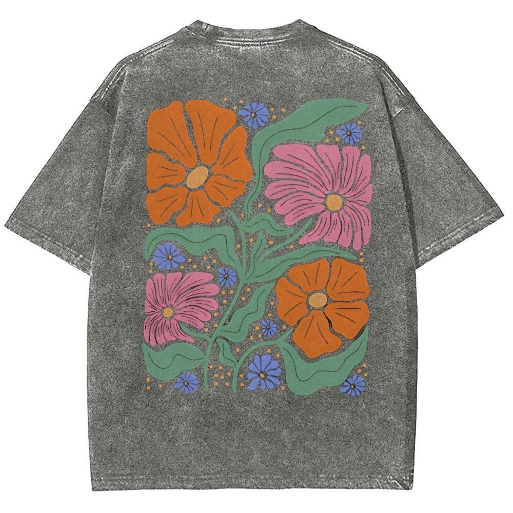 Colorful Hand Painted Flower Print Women's T-Shirt Loose Wash Fashion Short Sleeve Summer High Quality Cotton Top