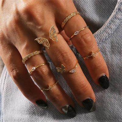 Bohemian 8-Piece Retro Crystal Butterfly & Flower Ring Set for Weddings