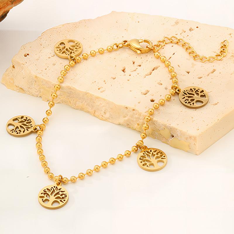 Titanium steel bracelet with a light luxury and high-end feel, beaded tree of life sand gold bracelet for women, non-fading stainless steel jewelry