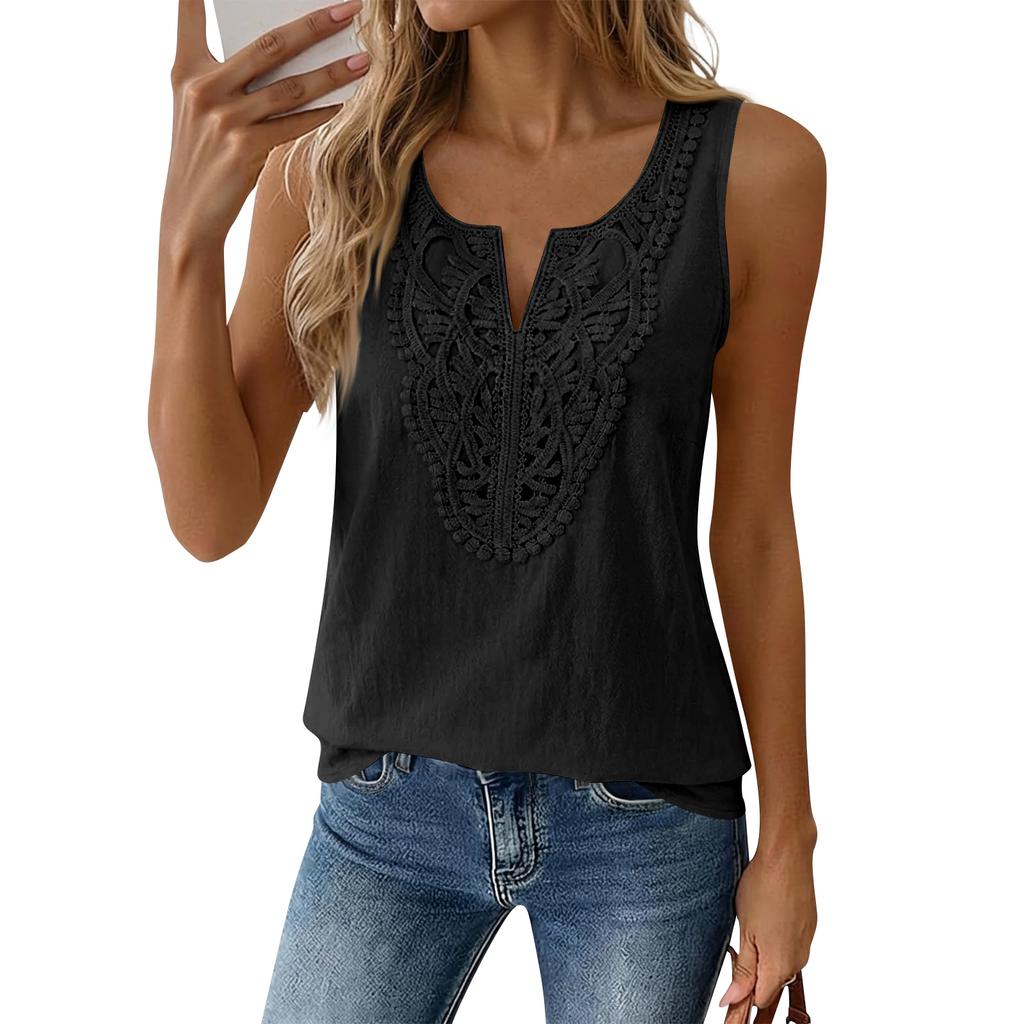Womens Sleeveless Tank Tops Summer V Neck Linen Shirts Lace Boho Vacation Blouse Clothes