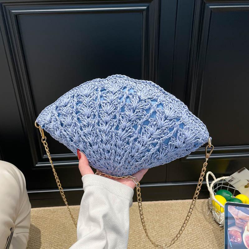 Boho Shell Shape Solid Straw Chains Crossbody Bag Handmade Crochet Woven Beach Shoulder Bag for Women Summer Vacation Holiday