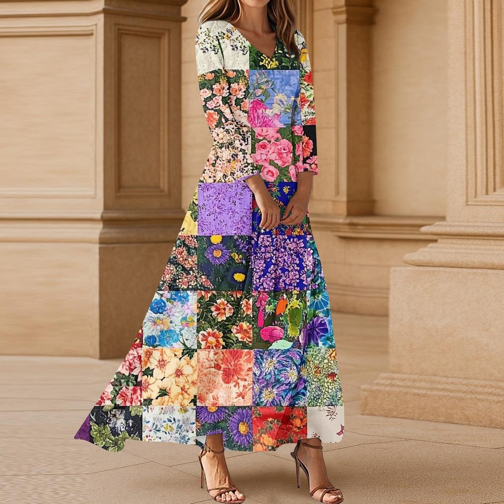 Damen Casual 3/4-Ärmel V-Ausschnitt Blumenmuster Maxi A-Linien Strandkleid