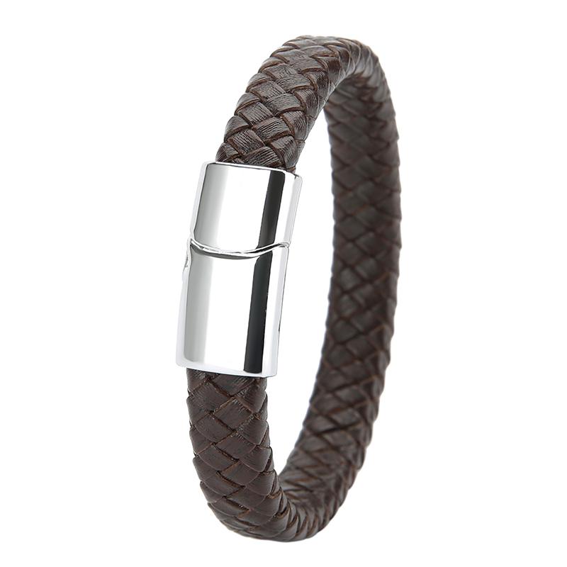 Mibrow Czarna Skórzana Pleciona Bransoleta Męska Rozmiar 10x5 12x6mm Modny Metalowy Magnetyczny Zapięcie Bransolety Owijane Punkowy Charm Biżuteria Męska