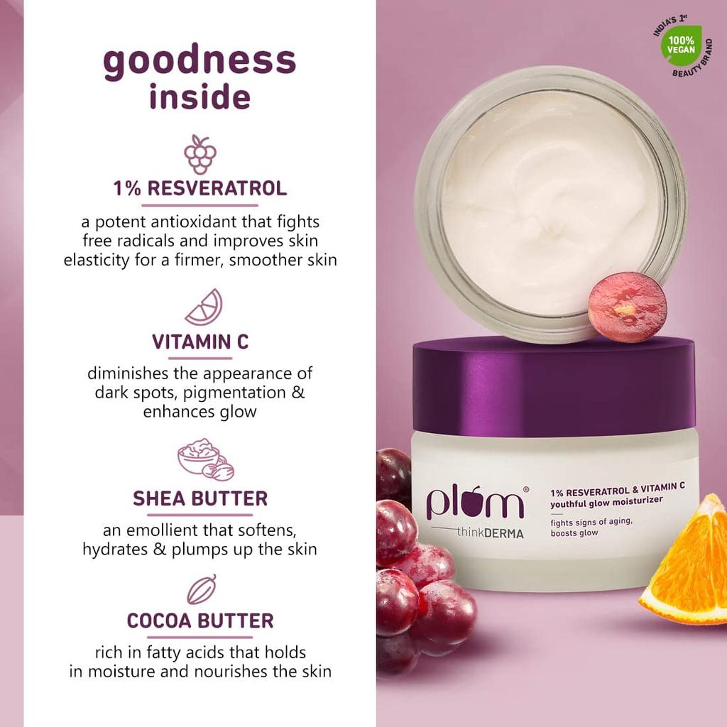 Plum Resveratrol Vitamin C Youthful Glow Moisturizer Lightweight Quick Absorbing Vegan Face Cream 50 G Daily Care