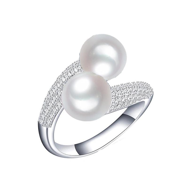 Light Luxury Simple Double Pearl Open Ring Slightly Inlaid Zircon Jewelry