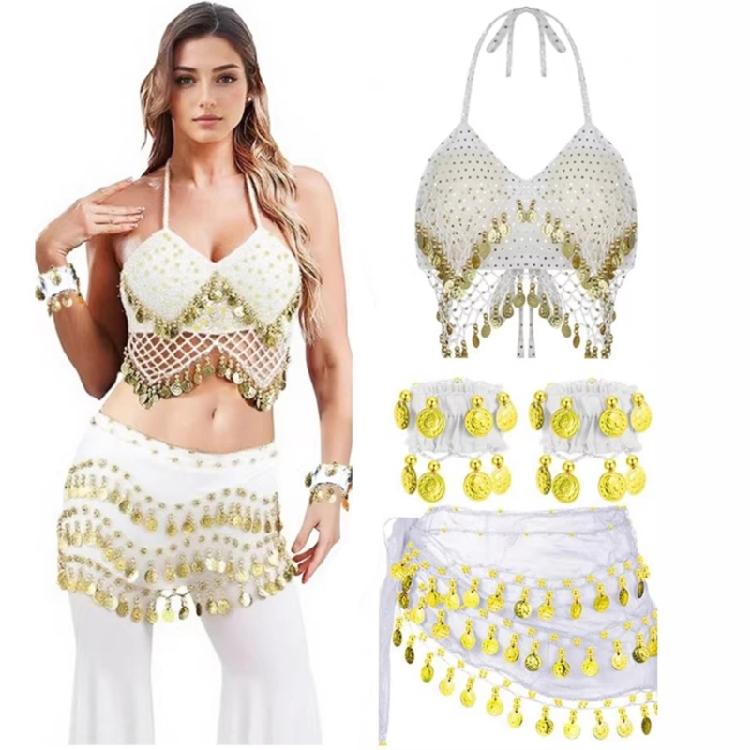 Danse du Ventre Danse Orientale Ensemble Foulard de Hanche Scintillant et Haut Lehenga Sans Manches Manchettes