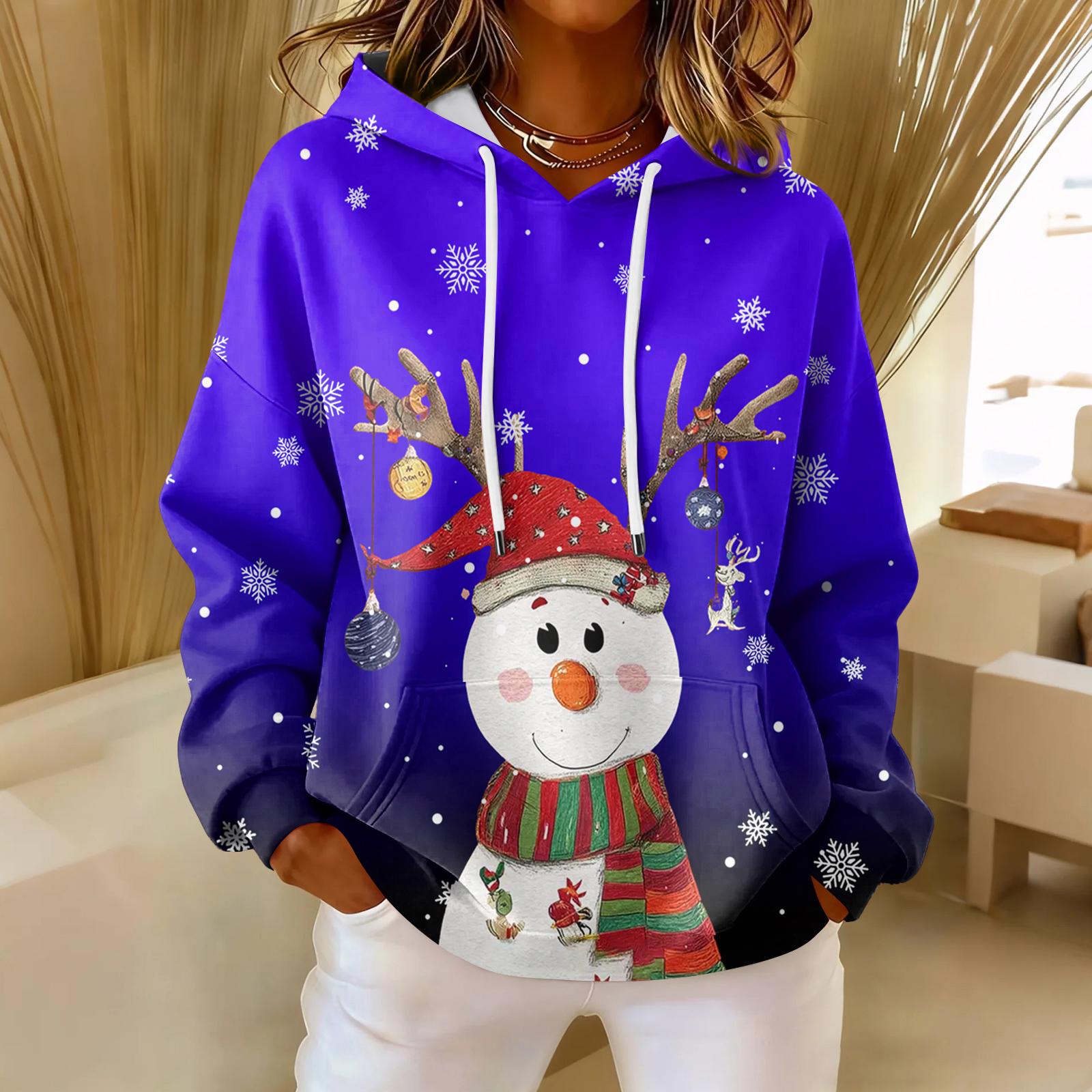 

Women s Loose Comfortable Casual Fashion V-Neck Christmas Print Long Sleeve Hoodie L темно-синього кольору