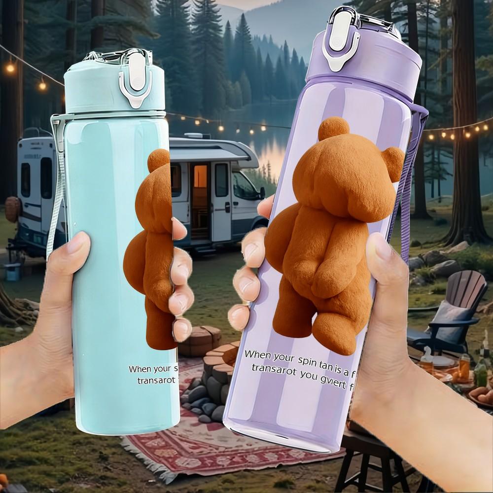 1PC Simple Teddy Bear Figure 750ml Color Plastic Sports Water Bottle Leakproof Flip Straw Lid Suitable for Sports Office Home Use