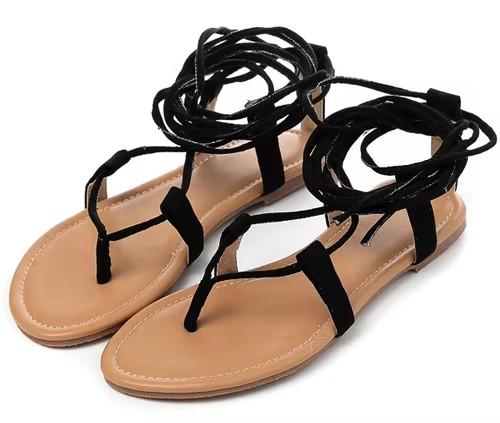 Fashion Eilyken Summer Roman Sandals Cross-Strap Tall Knee High Bondage Thong Flat Women Sandals Flip Flops Black Apricot