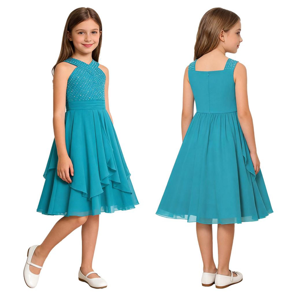 Girls V-Neck Sleeveless Pleated A-Line Dress Sparkly Rhinestone Embellished High Waist Knee Length for Wedding Banquet Prom