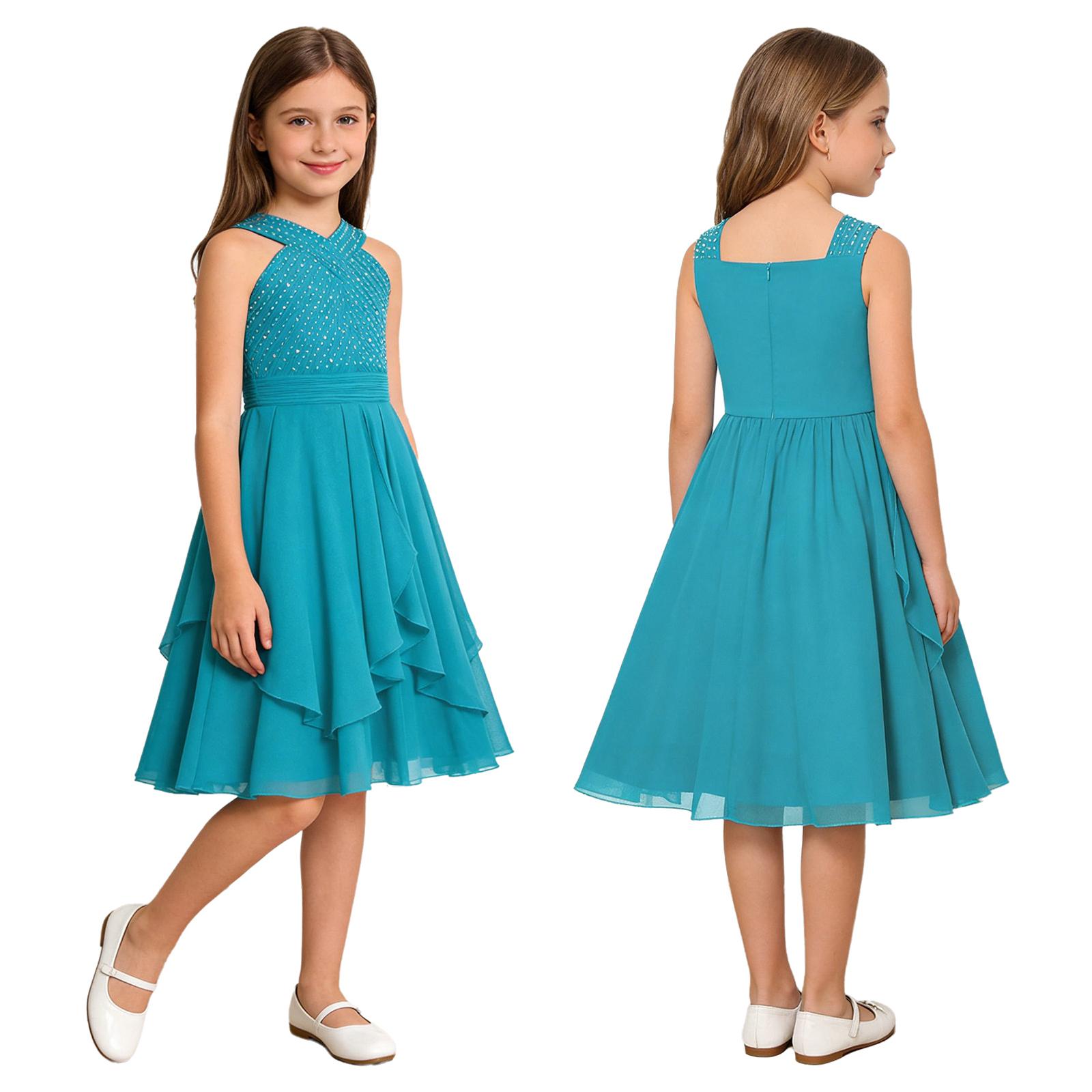 

Девочки Платье А-силуэта без рукавов с V-образным вырезом, плиссированное, с блестящей отделкой стразами, с завышенной талией, длиной до колена, для свадебного банкета, выпускного бирюзовый