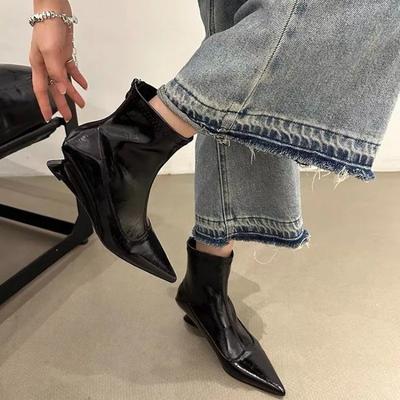 Shaped Heel Booties Fashion Pointed Toe Rear Zipper Soft Sole Anti-Slip Wear-Resistant Kitten Heels