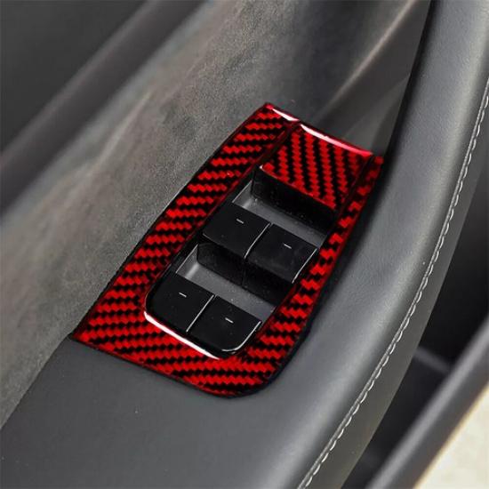 Red Carbon Fiber Window Lift Button Panel Cover Trim For Tesla Model 3/Y 2017-22
