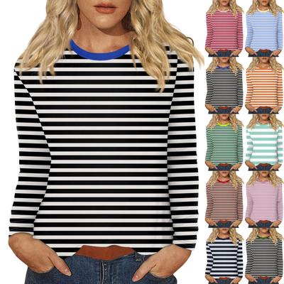 Women's Daily Casual Long-sleeved Striped Printed Crew-neck Top