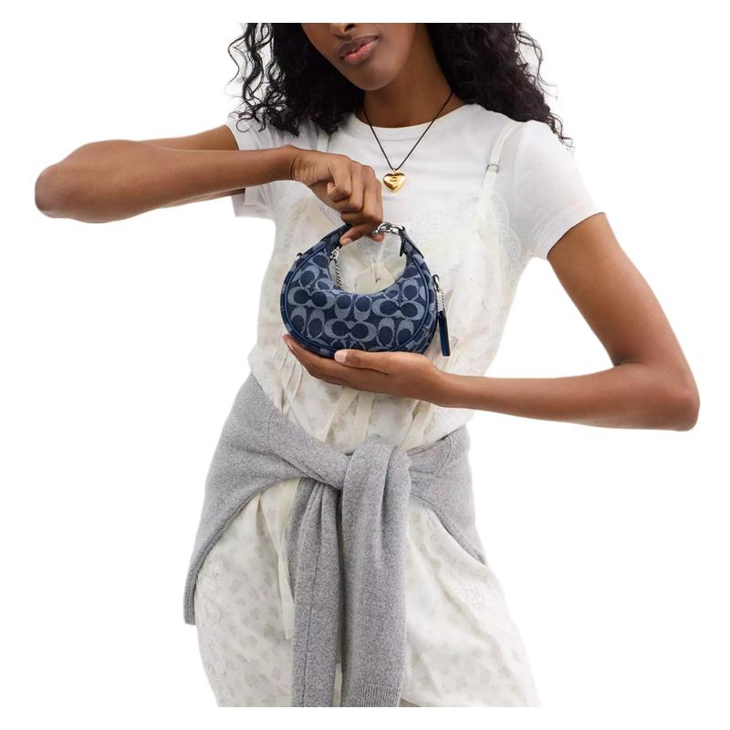 Coach JONIE 15 Logo Print Silver Hardware Signature Denim Shoulder Crossbody Tote Mini Women's Blue
