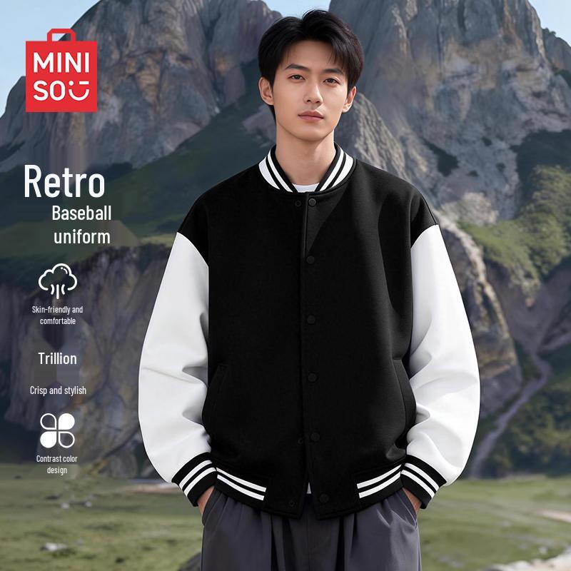 MINISO Unisex Heavyweight Color-Block Baseball Collar Sweatshirt Jacket L
