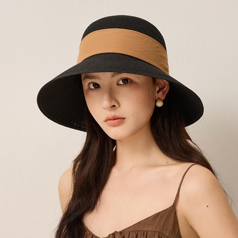 Zealous Sole Women's Black Elegant Straw Hat 9Cm Wide Brim Sun Protection Beach Hat Ribbon Bow Breathable Paper Straw Summer Travel Cap 56-58Cm