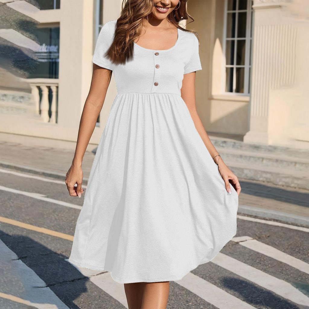 Modische Damen Sommerkleider Elegantes Kurzarm Midi Kleid