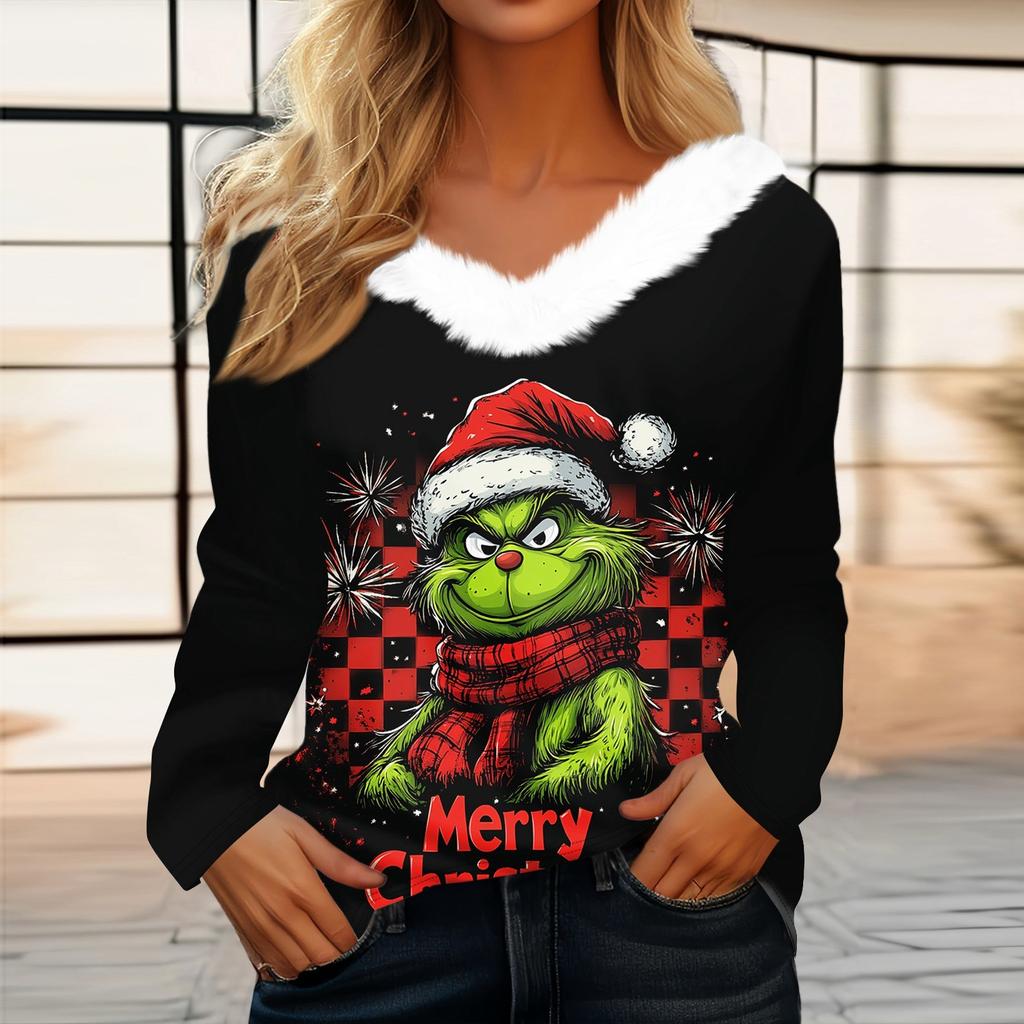 Damen Weihnachtsbedrucktes Langarmshirt V-Ausschnitt Lässig Locker Geschnitten T-Shirt Oberteile