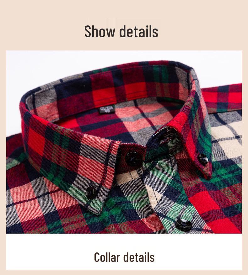Men's Plus Size Pure Cotton Brushed Plaid Long Sleeve Shirt - Business Casual & Breathable