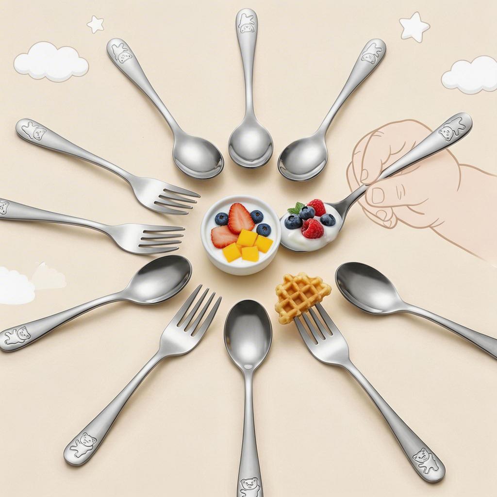 10/20/30Pcs Kids Fork and Spoon Set Stainless Steel Kids Silverware Ergonomic Toddler Utensils Cute Cartoon Bear Kids Flatware