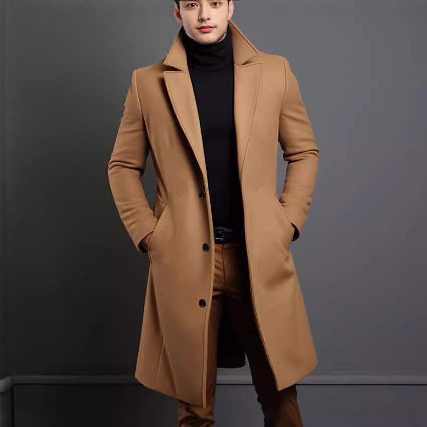 Men's Mid-Length Woolen Coat - Autumn/Winter, Youth Style, Multiple Colors & Sizes Available.