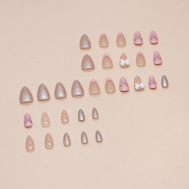 Sweet Pink Bow French Manicure Removable Nail Patches - Wearable, Solid Color, Ins Style False Nails