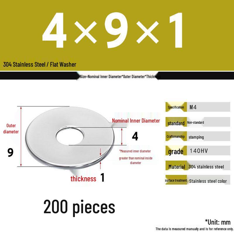 304 Stainless Steel Thickened Flat Washer Set, Sizes 2-36