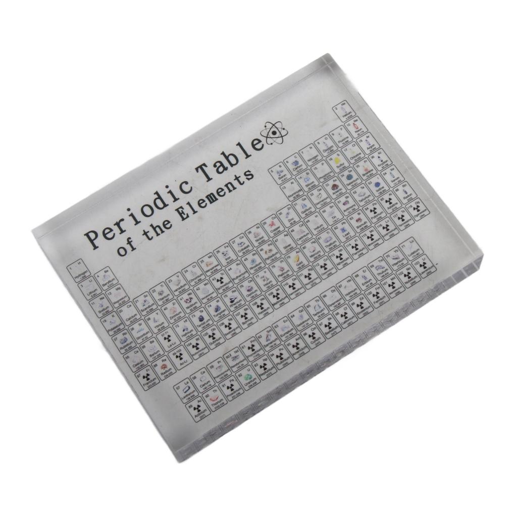Periodisk system med ekte grunnstoffer inni klar akryl ergonomisk ekte kjemisk grunnstoff periodisk