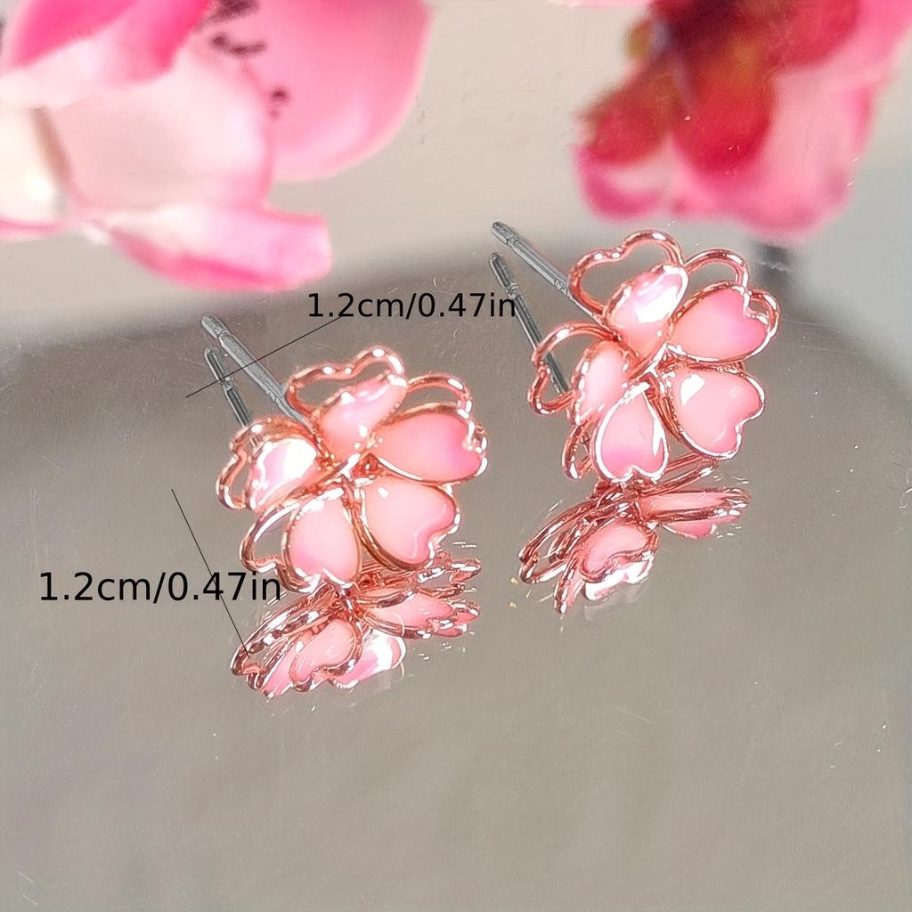 Pair of Women's 3D Cherry Blossom Stud Earrings - Elegant & Cute Rose Golden Floral Design with Pink Petals, Lightweight Comfort for Daily Wear