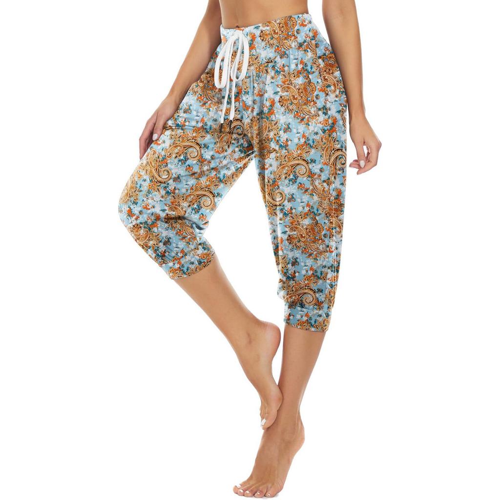 Damen Sommer Locker Retro Bedruckt Siebenhosen Jogginghose Yoga Home Jogginghose Mit Taschen